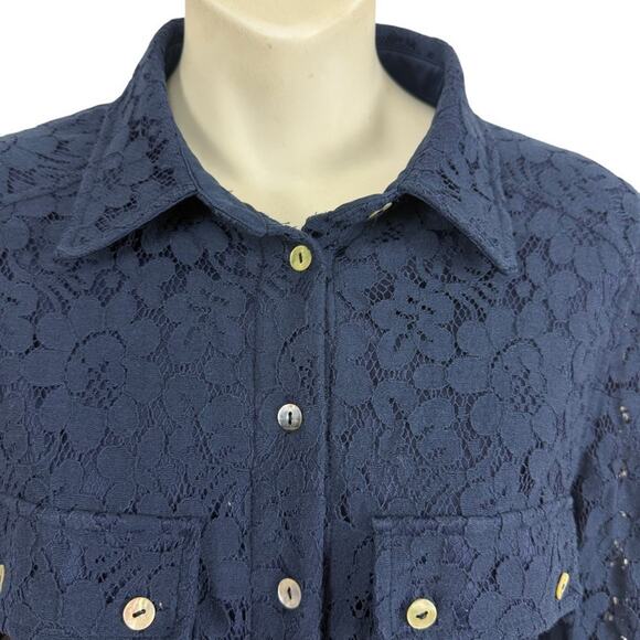 Marla Wynne Collection Navy Lace Sheer Sleeves Belted Button Up Top Blouse sz S - Picture 5 of 16